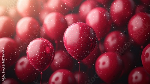 Bright red balloons with glistening droplets gather together in soft light, creating a festive atmosphere perfect for celebrations