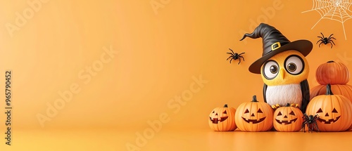 A whimsical Halloween scene featuring a cheerful owl in a witch hat surrounded by playful pumpkins and spiders.