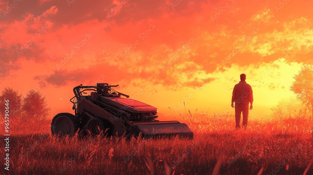 Fototapeta premium Lawn mower sitting still on freshly trimmed grass, under a pink-orange sunset sky, Steampunk, Mechanical detailing, Muted colors, Fine brush strokes
