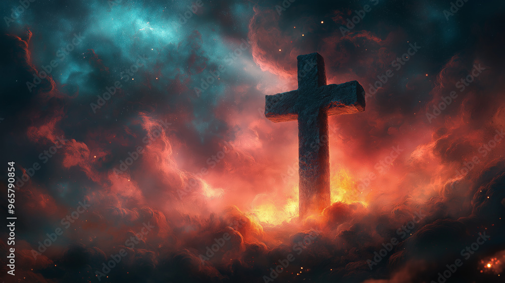 A cross is shown in the sky with a fiery background A cross is shown in the sky with a fiery background