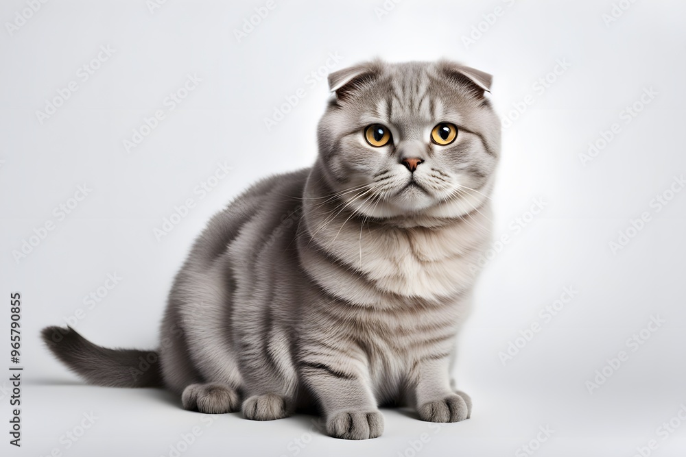 A scottish fold cat with round ears sitting on a white background, AI Generated A scottish fold cat with round ears sitting on a white background, AI Generated