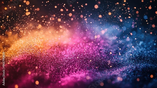 Colorful abstract background of shimmering particles in vibrant hues of orange, pink, and blue against a dark backdrop