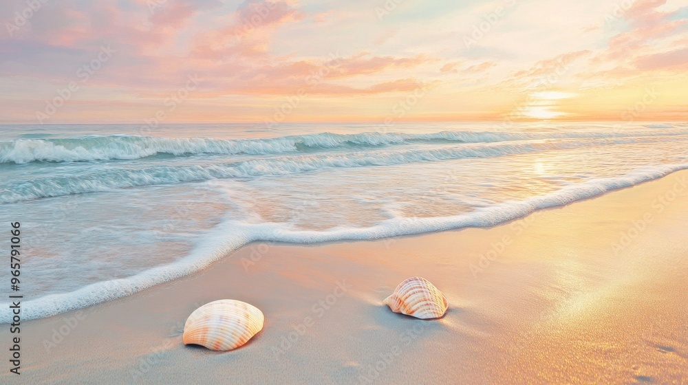 Tranquil Beach Scene at Sunrise with Gentle Waves and Pastel-Colored Sky Tranquil Beach Scene at Sunrise with Gentle Waves and Pastel-Colored Sky