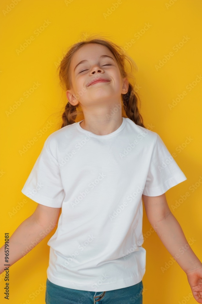 Smiling Child in White T-Shirt on Vibrant Color Background Smiling Child in White T-Shirt on Vibrant Color Background