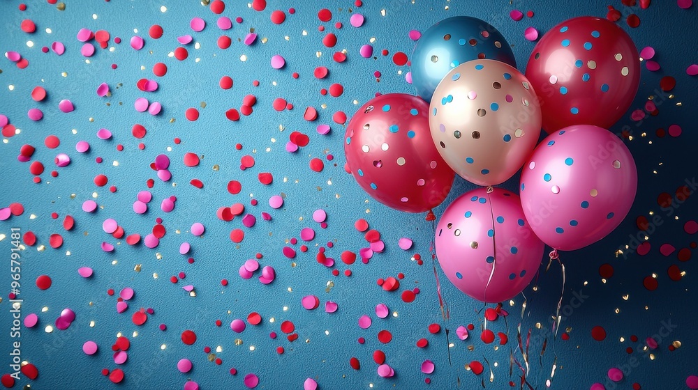 Colorful balloons surrounded by confetti on a blue background creating a festive atmosphere for celebrations and parties Colorful balloons surrounded by confetti on a blue background creating a festive atmosphere for celebrations and parties