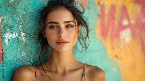 Urban Cool - Relaxed Woman in Loose Tank Top Against Graffiti Wall