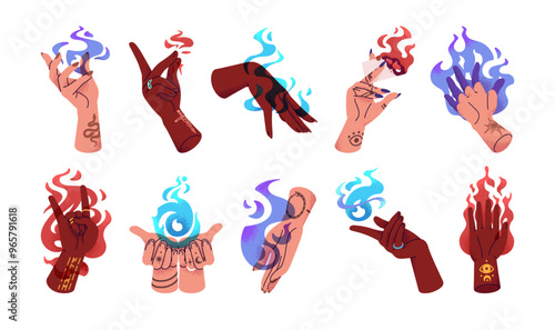 Diverse human hands with flame set. Different women with magic burning fire on fingers. Witchcraft, spells. Energy, power, inspiration concept. Flat isolated vector illustrations on white background