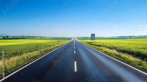 Bright sunny day, open road stretching to horizon, empty billboard on roadside, vibrant green fields, clear blue sky, rural landscape, straight highway, minimal clouds.