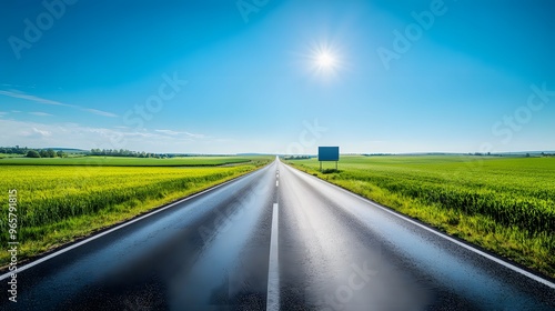 Bright sunny day, open road stretching to horizon, empty billboard on roadside, vibrant green fields, clear blue sky, rural landscape, straight highway, minimal clouds.