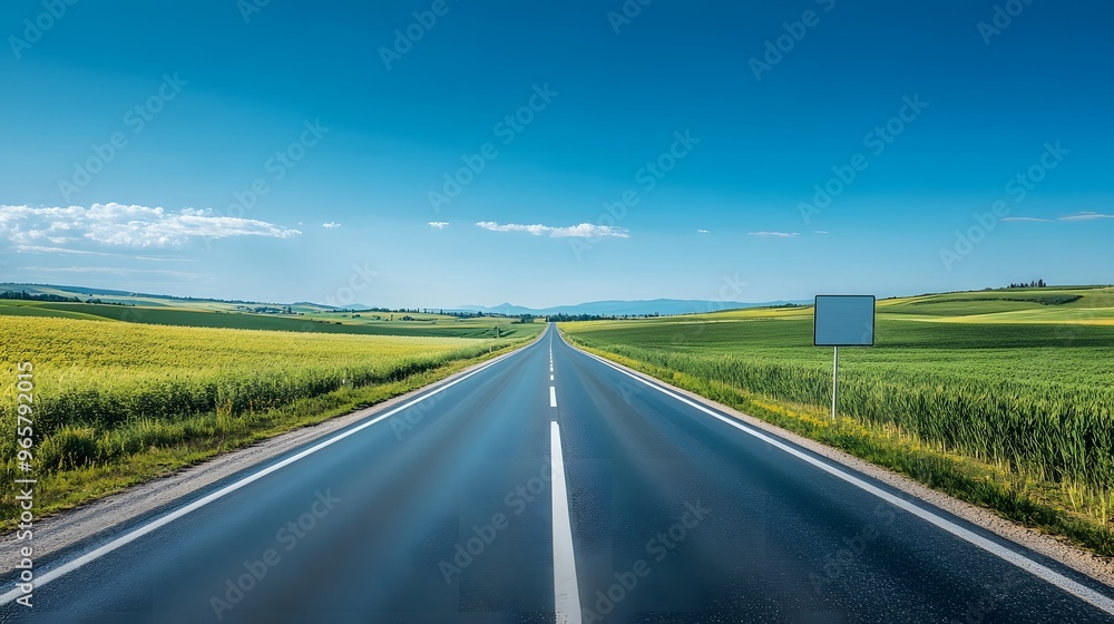 Obraz premium Bright sunny day, open road stretching to horizon, empty billboard on roadside, vibrant green fields, clear blue sky, rural landscape, straight highway, minimal clouds.
