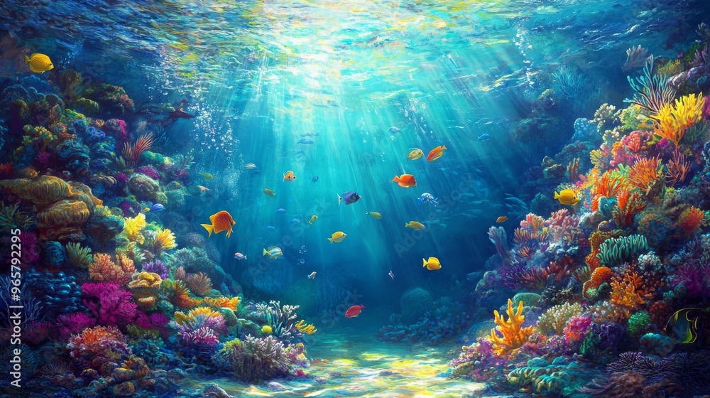 Naklejka premium Vibrant Underwater Scene with Coral Reefs, Tropical Fish, and Sunlit Turquoise Water