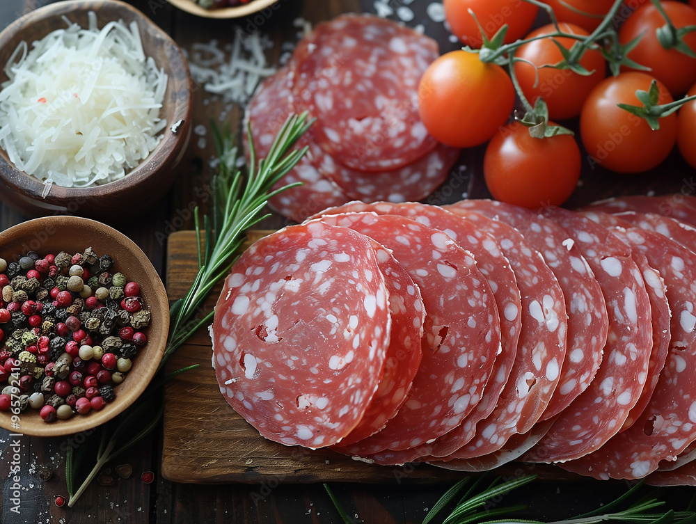 Sliced Salami Banner Copy Space, Cold Cuts Meat Sausages, Bold Vibrant Red and White Illustration Design Sliced Salami Banner Copy Space, Cold Cuts Meat Sausages, Bold Vibrant Red and White Illustration Design