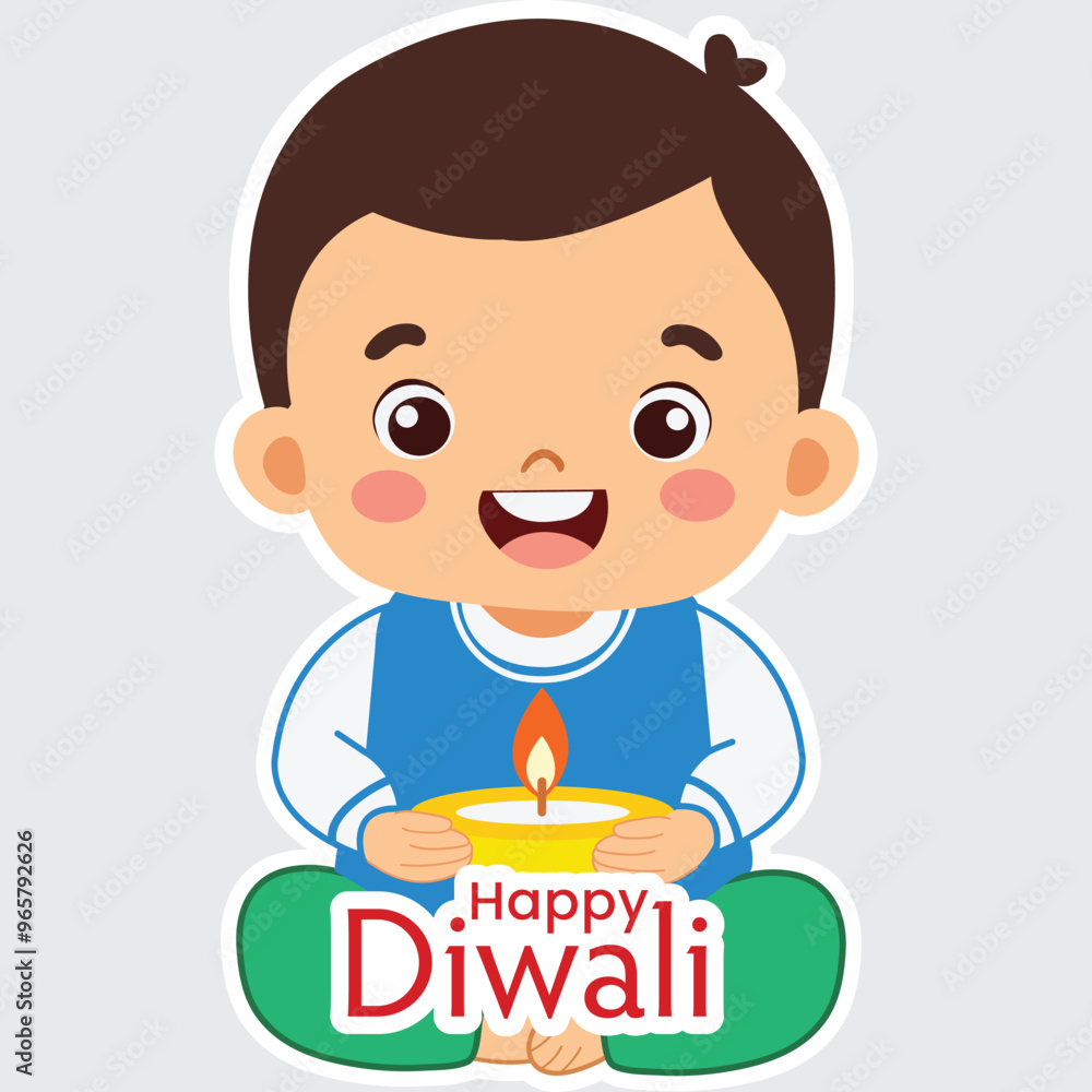 Sticker Style Happy Diwali Text with Cute Indian Girl Character Holding Illuminated Oil Lamp (Diya) on Grey Background. Sticker Style Happy Diwali Text with Cute Indian Girl Character Holding Illuminated Oil Lamp (Diya) on Grey Background.