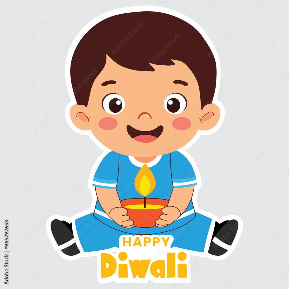 Sticker Style Happy Diwali Text with Cute Indian Boy Character Holding Lit Oil Lamp (Diya) in Sitting Pose on Grey Background. Sticker Style Happy Diwali Text with Cute Indian Boy Character Holding Lit Oil Lamp (Diya) in Sitting Pose on Grey Background.