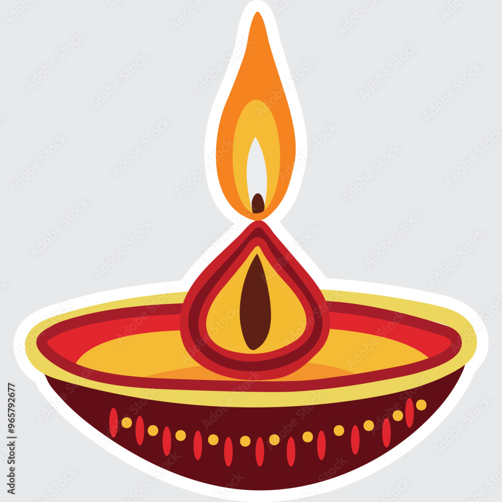 Isolated Illuminated Oil Lamp (Diwali Diya) Element in Sticker Style. Isolated Illuminated Oil Lamp (Diwali Diya) Element in Sticker Style.