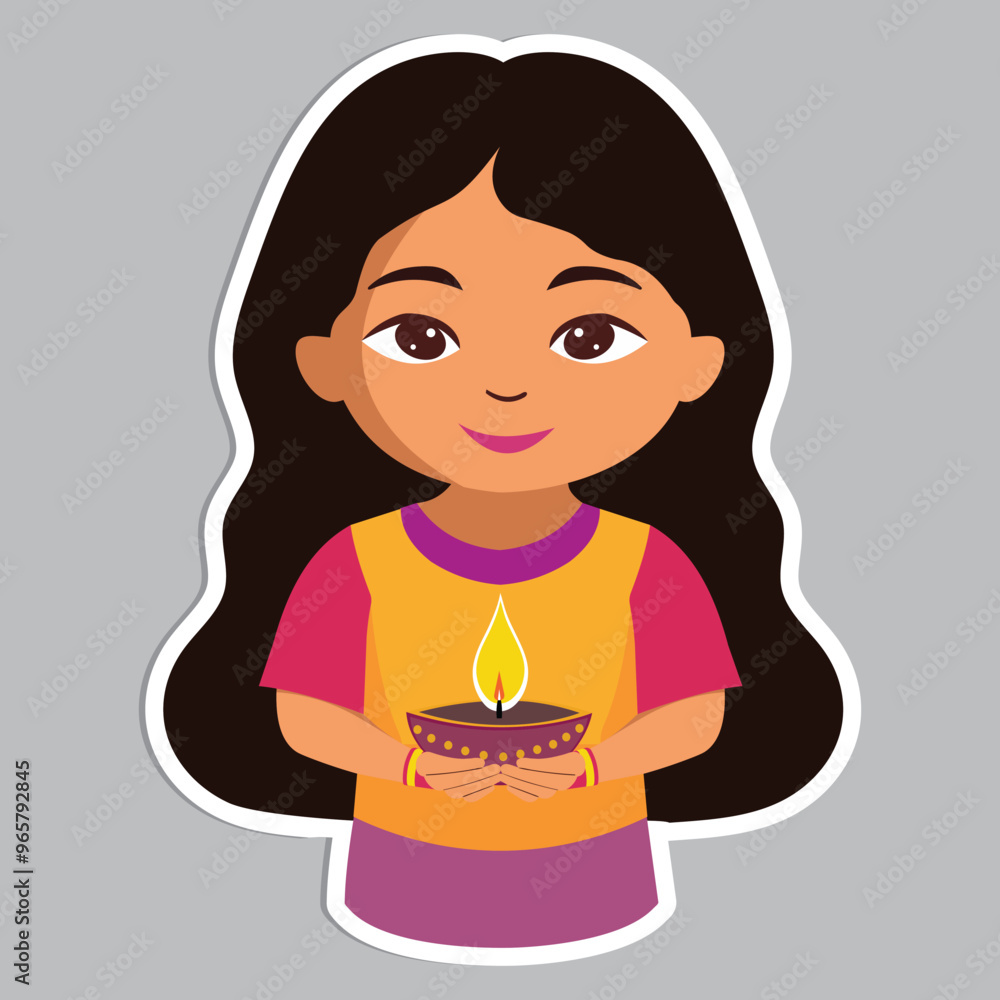 Cheerful Indian Girl Character Holding Illuminated Diwali Diya in Sticker Style on Grey Background. Cheerful Indian Girl Character Holding Illuminated Diwali Diya in Sticker Style on Grey Background.