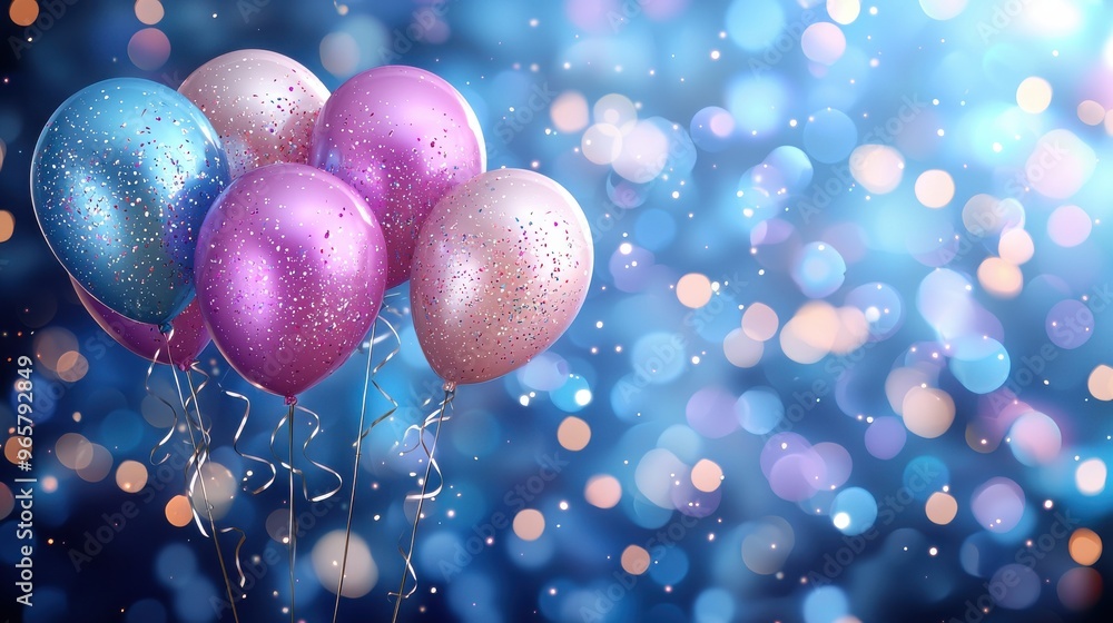 Brightly colored balloons shimmer against a sparkling blue background during a festive celebration Brightly colored balloons shimmer against a sparkling blue background during a festive celebration