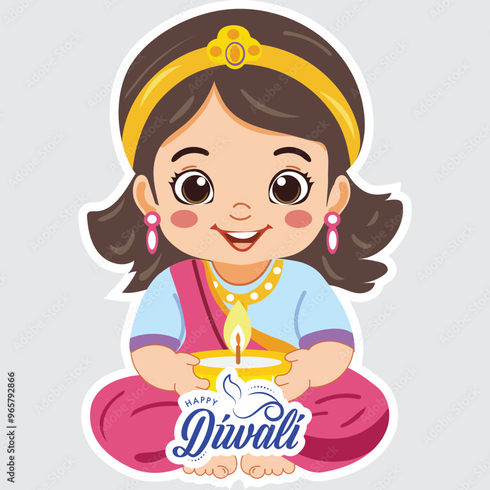 Sticker Style Happy Diwali Text with Cute Indian Girl Character Holding Illuminated Oil Lamp (Diya) on Grey Background. Sticker Style Happy Diwali Text with Cute Indian Girl Character Holding Illuminated Oil Lamp (Diya) on Grey Background.