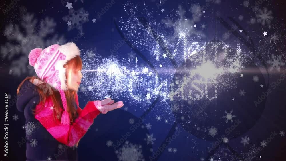 Animation of snow falling over caucasian girl and marry christmas text on blue background Animation of snow falling over caucasian girl and marry christmas text on blue background