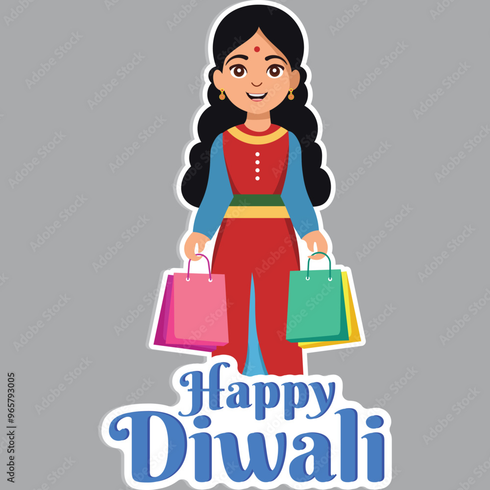 Sticker Style Happy Diwali Text with Young Indian Girl Character Holding Colorful Shopping Bags on Grey Background. Sticker Style Happy Diwali Text with Young Indian Girl Character Holding Colorful Shopping Bags on Grey Background.