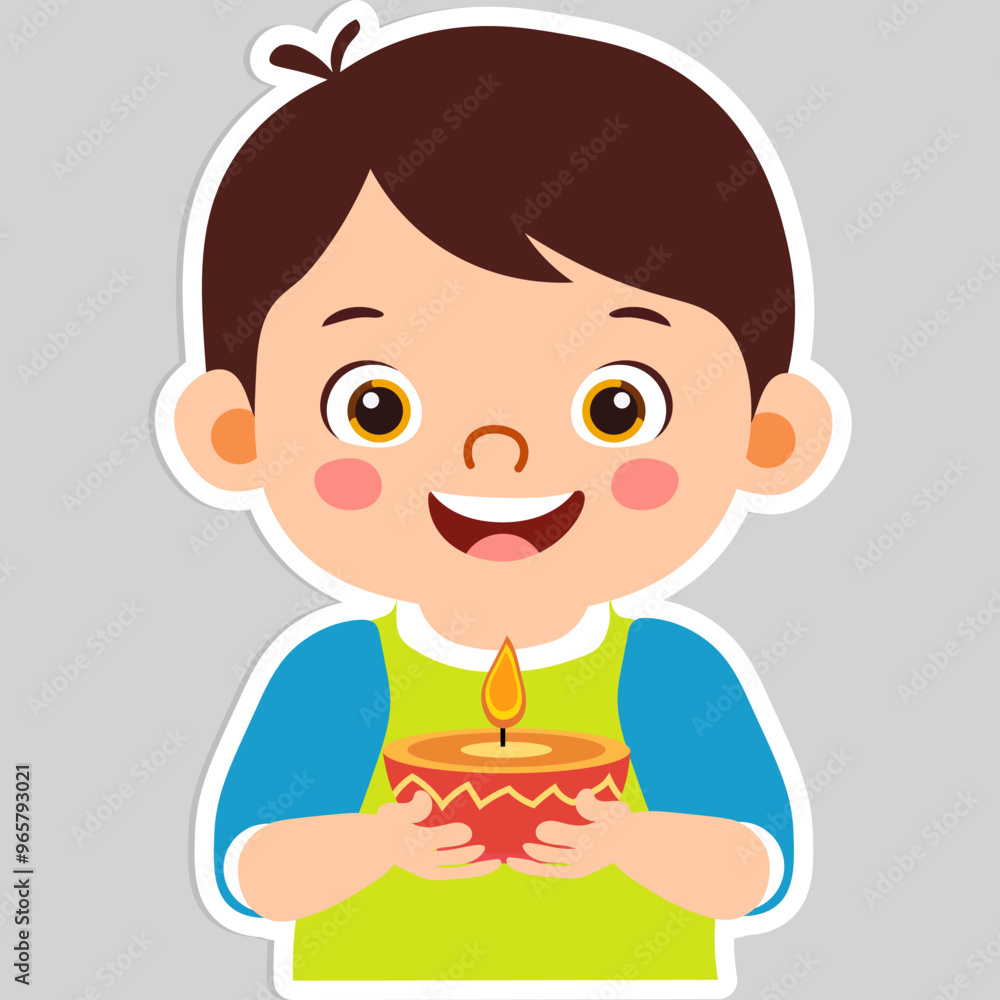 Sticker Style Cute Indian Boy Character Holding Illuminated Oil Lamp (Diwali Diya) on Grey Background. Sticker Style Cute Indian Boy Character Holding Illuminated Oil Lamp (Diwali Diya) on Grey Background.