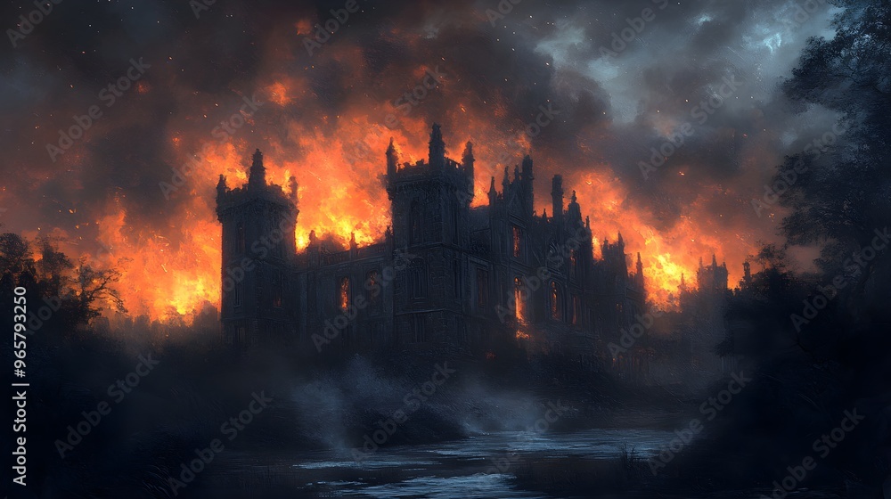 Fototapeta premium An ancient manor house ablaze under a starless sky, ash and embers raining down, eerie glow, Victorian Gothic, oil painting style, somber tones, detailed architecture