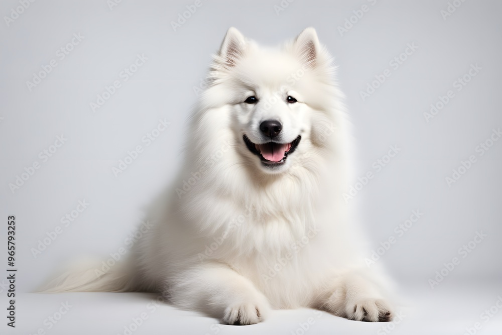 A white samoyed dog with a fluffy coat sitting happily on a white background, AI Generated A white samoyed dog with a fluffy coat sitting happily on a white background, AI Generated