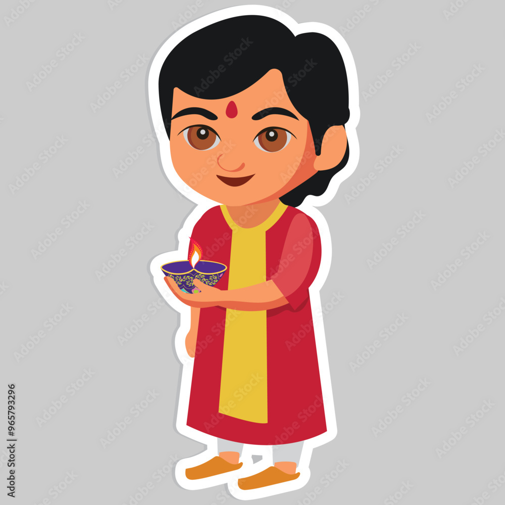 Sticker Style Cute Indian Boy Character Celebrating Diwali with Lit Oil Lamp (Diya) on Grey Background. Sticker Style Cute Indian Boy Character Celebrating Diwali with Lit Oil Lamp (Diya) on Grey Background.
