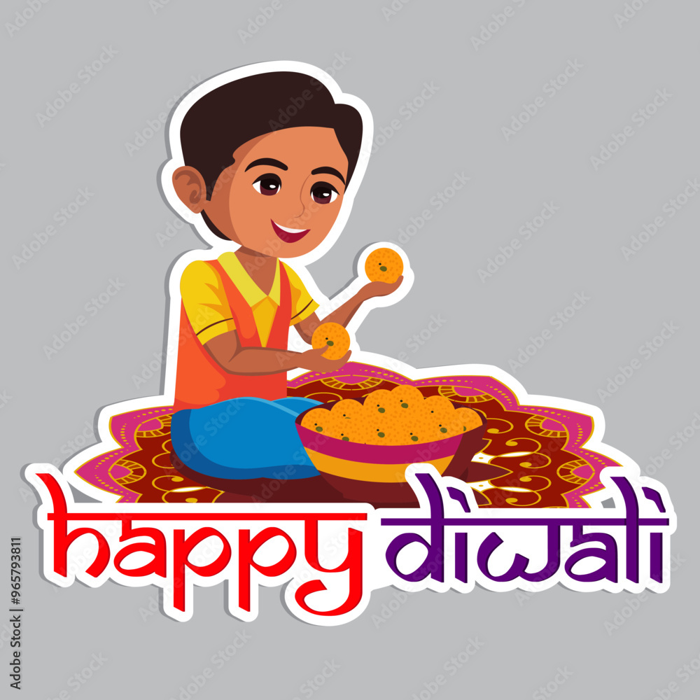 Sticker Style Cute Indian Boy Character Eating Sweet Balls (Laddu) on Mandala or Rangoli for Happy Diwali Celebration.