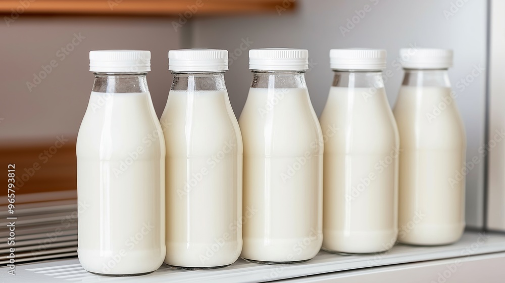 A row of milk bottles on a refrigerator shelf. The bottles are all the same color and have white lids A row of milk bottles on a refrigerator shelf. The bottles are all the same color and have white lids