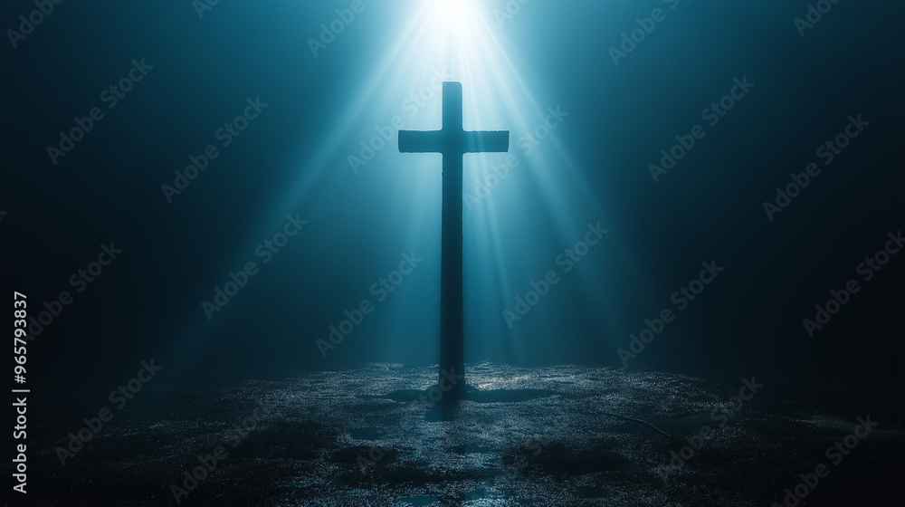 Naklejka premium A cross is lit up in the dark, with a bright light shining on it