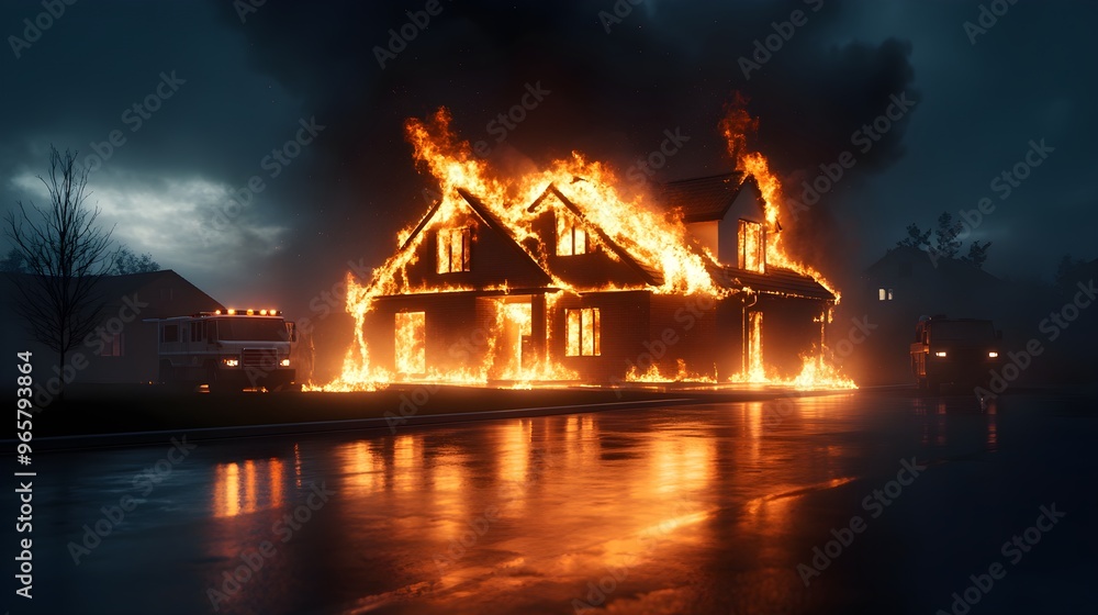 Burning house in a serene suburban street, vivid flames illuminating the night, firefighters and police in motion, photo-realistic, high-resolution, insurance-focused composition Burning house in a serene suburban street, vivid flames illuminating the night, firefighters and police in motion, photo-realistic, high-resolution, insurance-focused composition