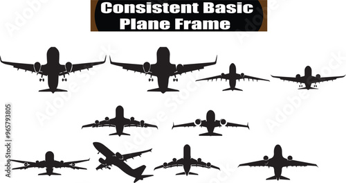 Airplane Silhouette Vector Art: Consistent Basic Plane Frame Design Elements for Aviation Graphics and Aerospace Projects, Black and White Clipart