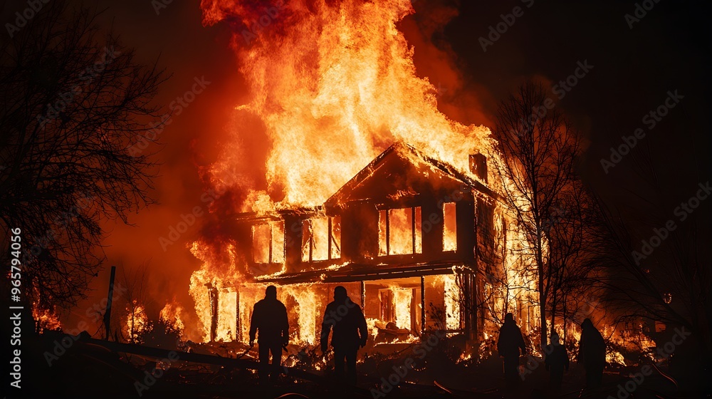 Dramatic fire consuming a house at night, family silhouettes in distress at a distance, intense flames and smoke filling the night sky, insurance visual Dramatic fire consuming a house at night, family silhouettes in distress at a distance, intense flames and smoke filling the night sky, insurance visual