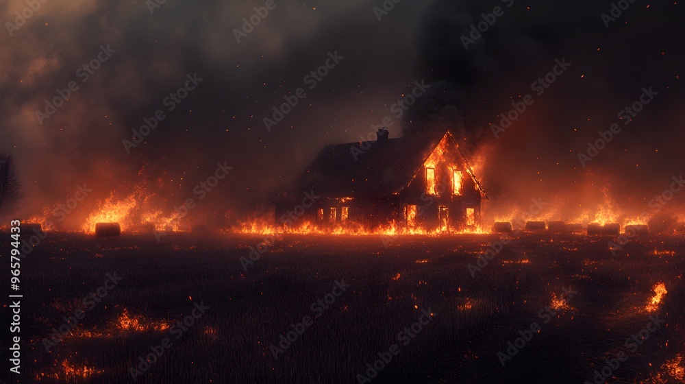 Farmhouse on fire under a smoky night sky, surrounding haystacks ablaze, embers scattered in the wind, dark and intense, high-resolution for insurance documentation, realistic style Farmhouse on fire under a smoky night sky, surrounding haystacks ablaze, embers scattered in the wind, dark and intense, high-resolution for insurance documentation, realistic style