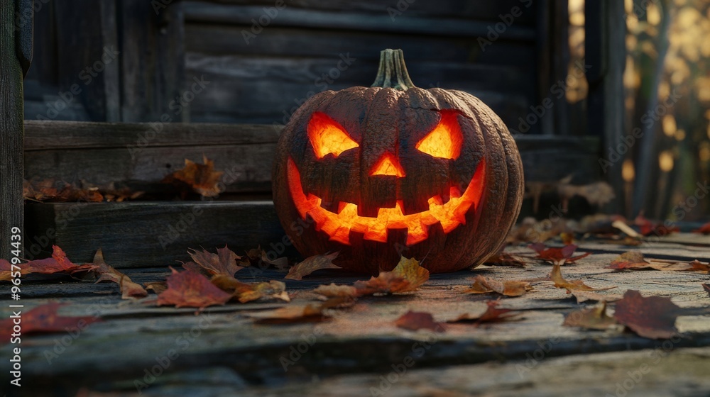 Spooky Jack-o'-Lantern on Rustic Porch with Dramatic Lighting - Halloween Decoration Spooky Jack-o'-Lantern on Rustic Porch with Dramatic Lighting - Halloween Decoration