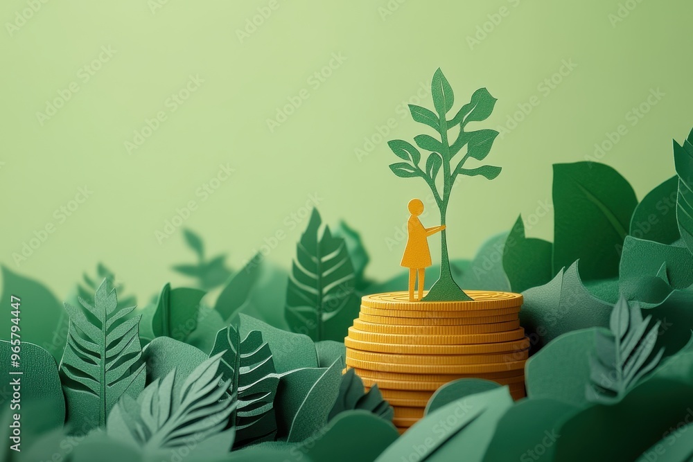 Obraz premium Green Investment Growth - Paper Cut of Person Planting Sapling on Coin Stack for Sustainable Business Practices