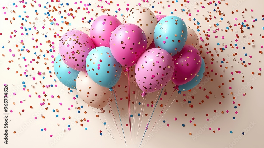 Vibrant balloons with confetti scattered across a festive background for a celebration or party event Vibrant balloons with confetti scattered across a festive background for a celebration or party event