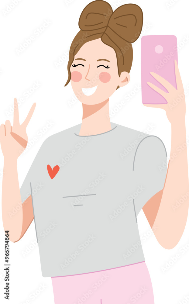 Cute girl friend take a picture. Character on white background. Art characters. Cute girl friend take a picture. Character on white background. Art characters.