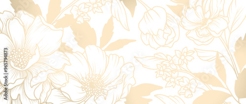Luxury floral background. Abstract golden elegant flowers in line art style. Vector illustration design for decoration, wall decor, wallpaper, cover, banner, poster, card, wedding invitation