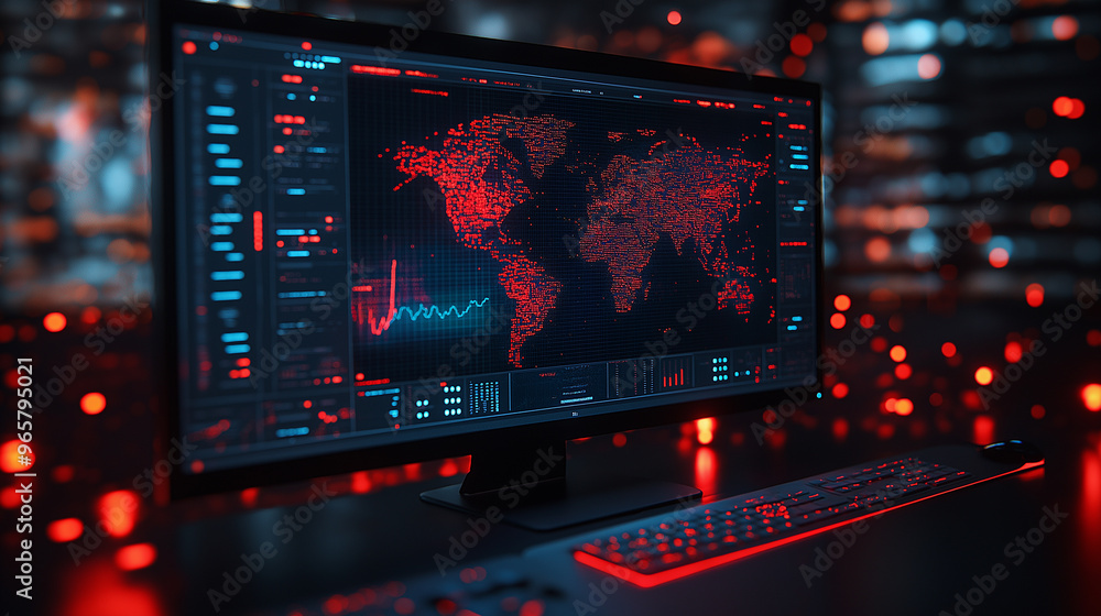 A computer monitor displays a map of the world with red dots on it A computer monitor displays a map of the world with red dots on it
