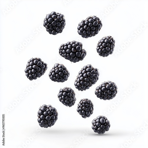 Falling blackberry isolated on white background, full depth of field