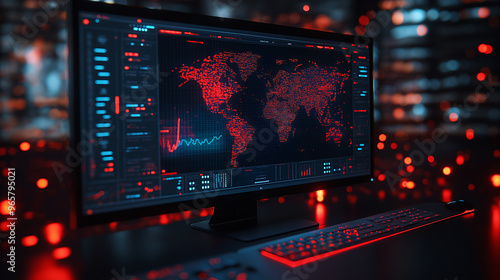A computer monitor displays a map of the world with red dots on it