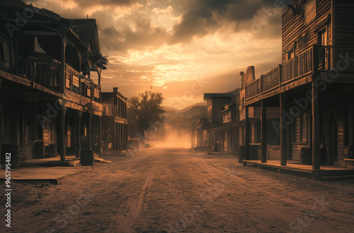 A quiet, empty street in an Old West town captured at sunset, with wooden buildings lining the dusty road under a dramatic sky.
