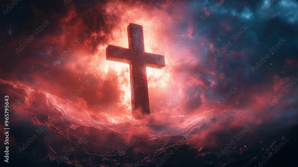 A red and white cross is floating in the sky above a body of water A red and white cross is floating in the sky above a body of water