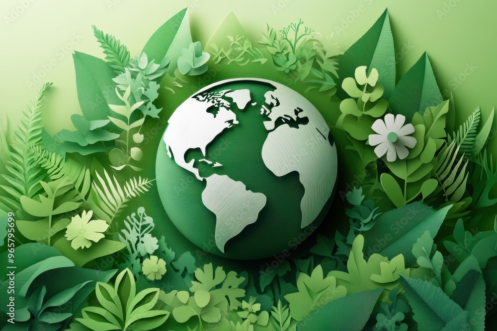 Sustainable Business Global Movement - Paper Cut Style Globe with Eco-Friendly Icons Sustainable Business Global Movement - Paper Cut Style Globe with Eco-Friendly Icons