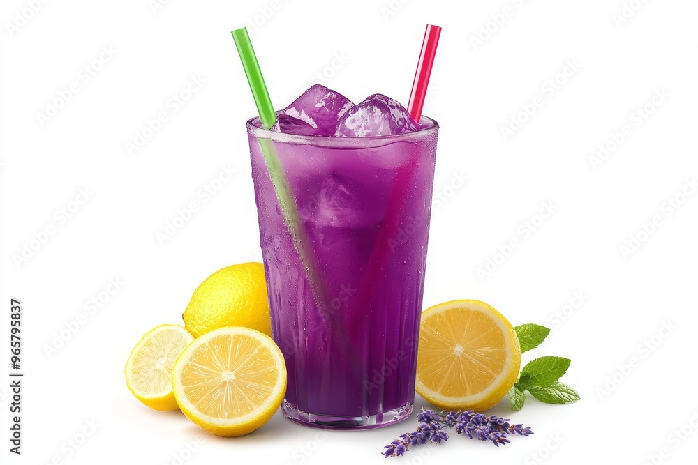 Fototapeta premium Refreshing Purple Lemonade in a Tall Glass with Ice, Straws, and Fresh Lemons Isolated on White.