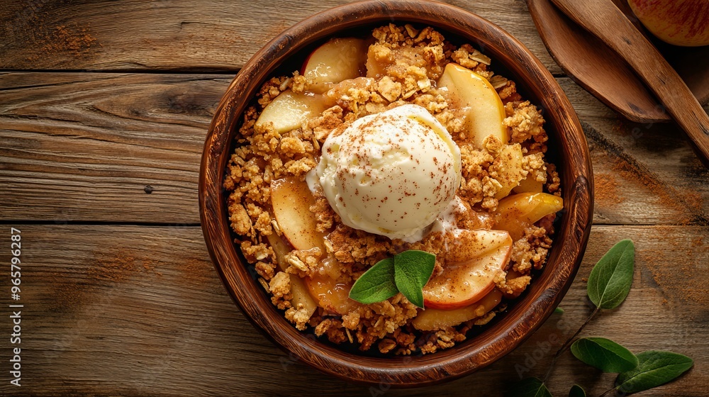 Apple Crisp with Vanilla Ice Cream: Rustic Table Setting with Cinnamon Sprinkle and Warm Lighting Apple Crisp with Vanilla Ice Cream: Rustic Table Setting with Cinnamon Sprinkle and Warm Lighting