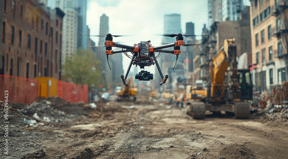 Drone with an industrial camera is flying over the construction site.