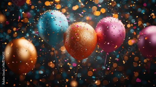 Colorful balloons with confetti floating against a sparkling background create a festive atmosphere during a celebration